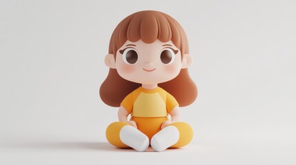 A cute cartoon girl with brown hair, sitting in a playful pose, wearing a yellow outfit.