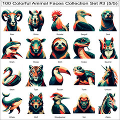 Fototapeta premium Colorful Animal Faces Collection Set of 100 Isolated Animals Part 5