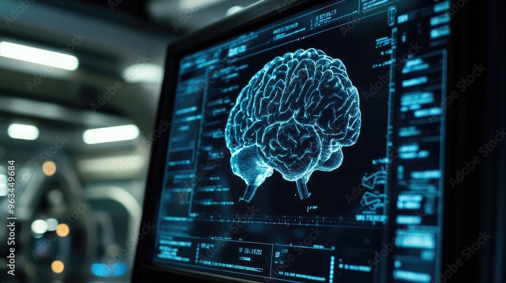 Poster close-up of a brain scan image displayed on a monitor, showing areas of activity and highlighting sp