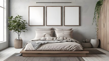 Tranquil Minimalist Bedroom with Platform Bed and Neutral Color Palette in 3D Rendering