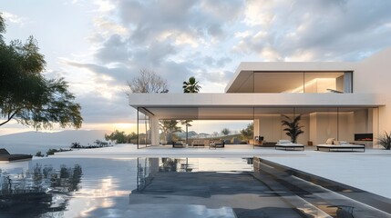 Fototapeta premium Tranquil Minimalist Facade and Interior Scene with Frame Mockup