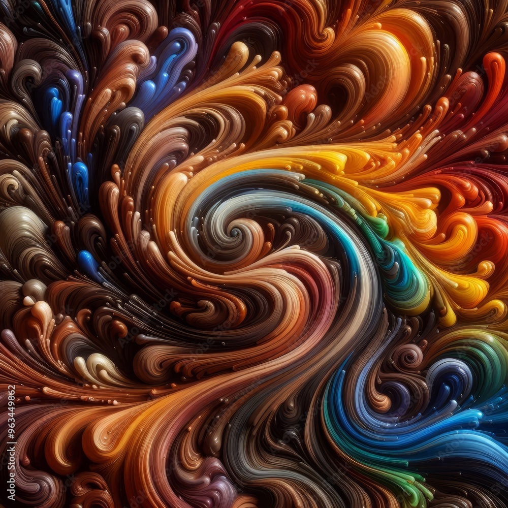 Poster dynamic digital artwork showcasing an intricate swirl of vibrant colors blending seamlessly into eac
