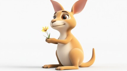 A cute cartoon kangaroo holding a flower, exuding a cheerful and friendly demeanor.