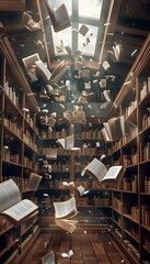 Fototapeta premium Illustration of old open books flying off library shelves, creating a magical surreal atmosphere