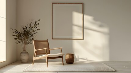 Wooden Frame Showcasing Minimalist Designer Chair in Studio Setting