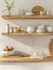 Wooden Kitchen Shelves in Minimalist Home Decor Mockup with 3D Render