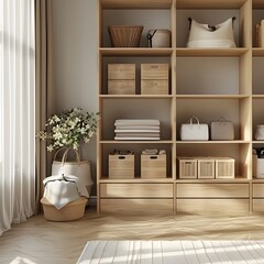 Wooden Storage Boxes in Minimalist Home Closet Design,3D Render