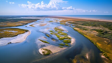 A river delta overtaken by saltwater intrusion, where brackish water has replaced freshwater, representing the impacts of rising sea levels on coastal ecosystems.
