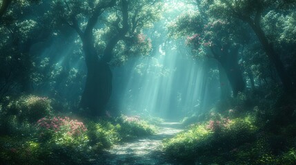 Fantasy brochure background with enchanted forests and creatures.