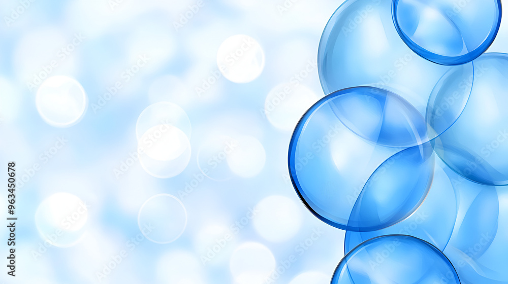 Poster blue bubbles on a light background create a tranquil atmosphere in a digital artwork depicting fluid