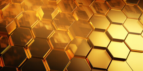 Obraz premium Gold hexagon background. Hexagonal shapes, honeycomb pattern. Aesthetic, elegant, warm and vibrant wallpaper. Luxury design.