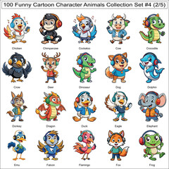 Obraz premium Funny Cartoon Character Animals Collection Set of 100 Isolated Animals Part 2