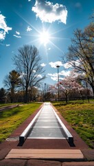 Naklejka premium Empty wheelchair ramp on a beautiful spring day, emphasizing accessibility inclusion with a vibrant
