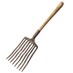 A rusty old fork with a wooden handle. The fork is bent and has a lot of rust on it