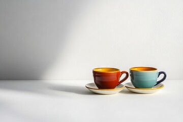Fototapeta premium Two colorful cups and saucers sitting on a white table