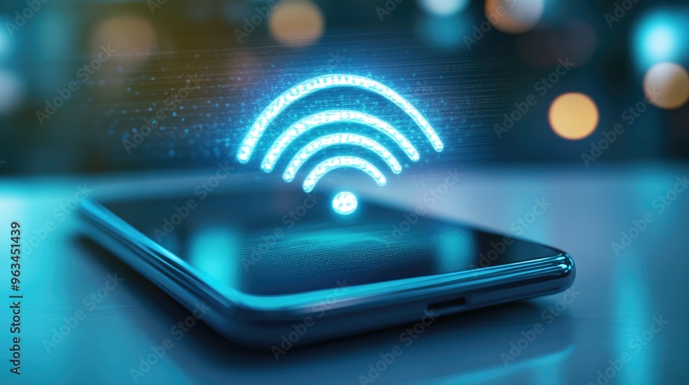 Poster close-up of a smartphone displaying a strong wi-fi signal, with a focus on the wireless icon and a c