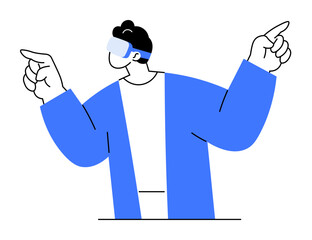 A person wearing a virtual reality headset and a blue jacket is pointing both fingers upwards. The image evokes themes of technology, virtual reality, gestures, and modern lifestyle.