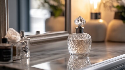 Close-up of a perfume bottle on a vanity with a mirror, reflecting the bottle intricate details and capturing the essence of luxury and elegance