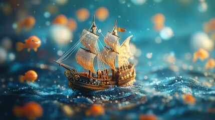 A miniature sailboat sails through a sparkling sea, surrounded by tiny fish.