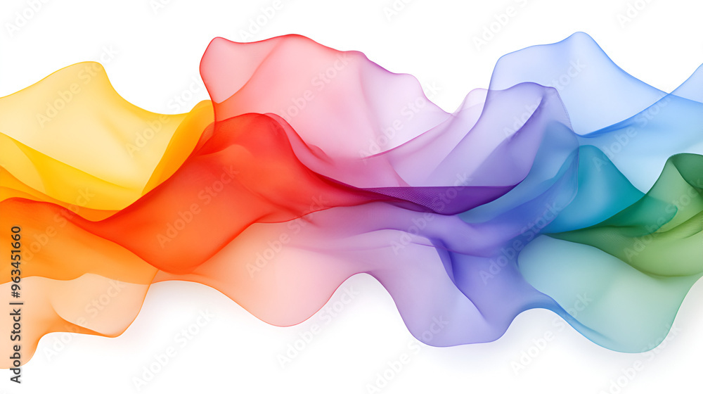 Poster colorful flowing waves of translucent fabric create an artistic design on a white background highlig