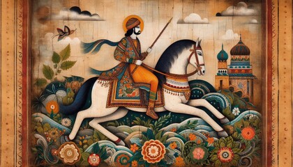 Obraz premium Realistic stock photo of a traditional Madhubani painting depicting a man on a horse, captured in vivid detail on a rustic textured canvas background