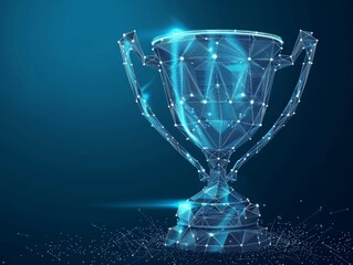 Digital blue trophy cup in low poly wireframe, smart award management, achievement  and success in competitions, E-sports and Gaming Competitions.
