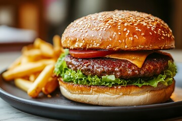 Closeup of a juicy burger with sesame seed bun, cheese, tomato, lettuce, and a side of french fries on a black plate.