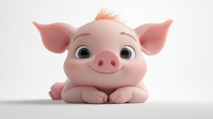 A cute cartoon piglet lying down, smiling playfully at the viewer.