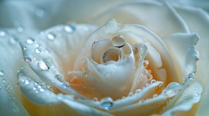 Fototapeta premium Macro shot of water droplets on white rose petals.
