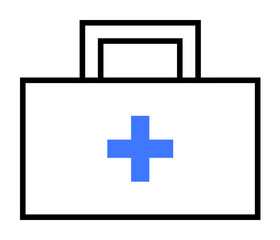 Obraz premium A white medical first aid kit with a blue cross symbol and a black handle. The image is a minimalist vector illustration often associated with healthcare, emergency care, and medical supplies.