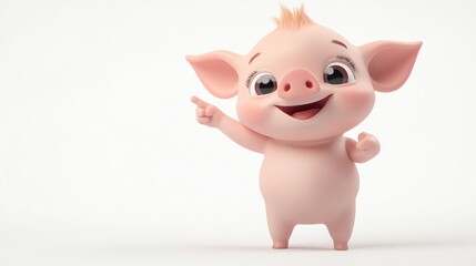 A cute cartoon piglet with a joyful expression, pointing and smiling.