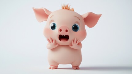 A cute cartoon piglet with big eyes and a surprised expression, conveying joy and playfulness.
