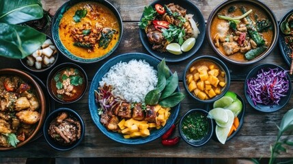Colorful Thai feast with dishes like massaman curry, crispy pork belly, and mango sticky rice, all beautifully presented on a rustic wooden table