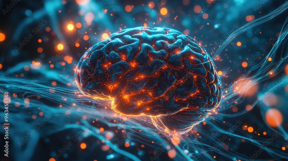 Poster conceptual image of a human brain with glowing neural connections, illustrating brain activity and c