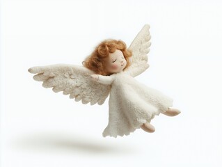 A soft, cream-colored angel doll with wings spread wide, isolated on a white background. The doll has a sweet, closed-eye expression and is made of soft, fuzzy fabric.