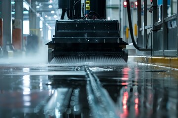 Modern scrubbing machine is cleaning the floor with soap and water in an industrial hall