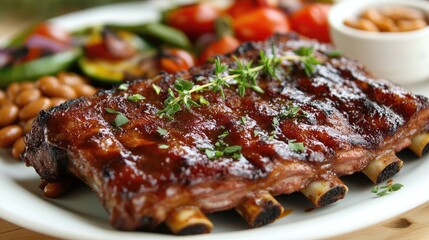 Delicious plate of smoky, char-grilled pork ribs topped with fresh herbs, accompanied by grilled vegetables and a side of baked beans