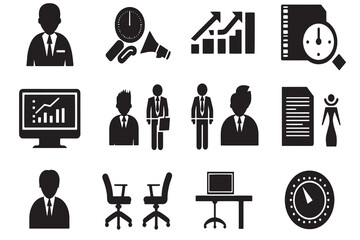 Set of business and office icons including employees, charts, graphs, documents, and workstations for corporate design, productivity, and data analysis projects.