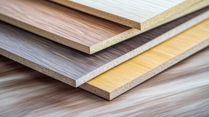 Close-up of various types of melamine faced chipboard panels in different wood-like finishes, highlighting texture and material layers.