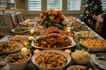 A beautifully decorated Thanksgiving table with an inviting spread of traditional foods, surrounded by family members ready to celebrate together.. AI generated.
