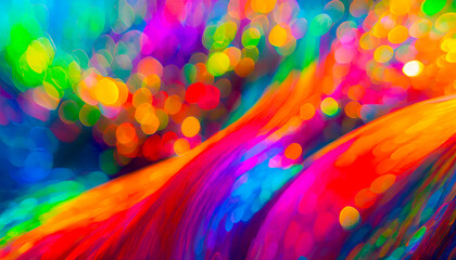 Abstract and colorful pattern of iridescent organic shapes and rainbow effect with soft flowing movement and boken effect and out of focus rain drops of coloured light