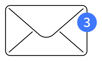 A simple black outline of an envelope with a blue notification badge displaying the number three. Ideal for email, communication, messaging apps, notifications, and updates.