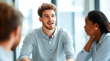 Obraz premium A young designer in a casual button-up shirt is enthusiastically presenting his ideas to colleagues in a modern conference room. His team listens attentively, with one person leani