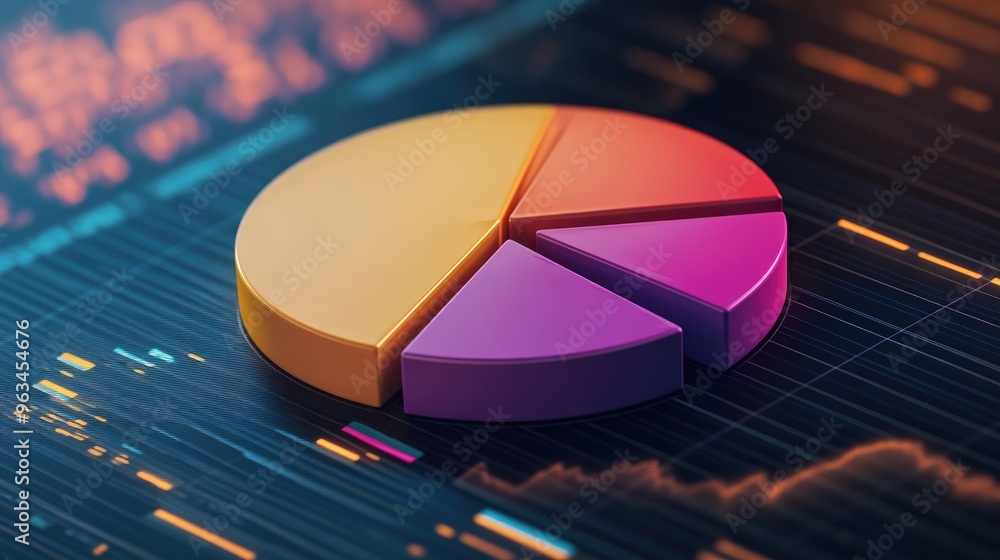 Poster dynamic 3d pie chart with segments that change color based on financial performance, set against a h