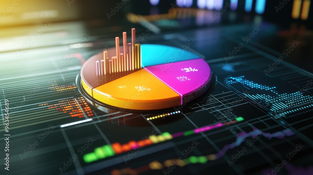Poster dynamic 3d pie chart with segments that change color based on financial performance, set against a h