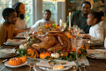 A family gathered around a Thanksgiving table with elegant place settings and fall-themed decorations, capturing a warm, festive atmosphere.. AI generated.
