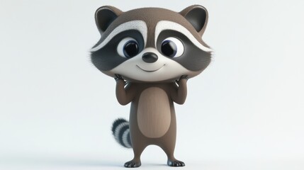 A cute cartoon raccoon character with a cheerful expression and raised hands.