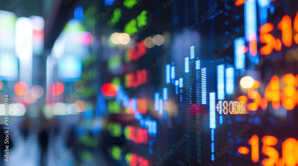 Poster stock market display showing real-time stock prices and trading information, characterized by a blur