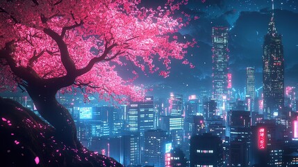 Fantasy Japanese Nightscape with Neon Cherry Blossom Tree