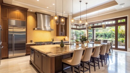 Elegant kitchen with a large island featuring a sink and seating area, high-end appliances, and stylish pendant lighting above the countertop